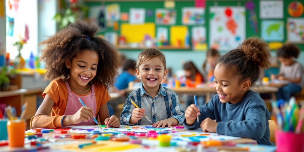 Children engaged in creative activities in a colorful classroom.