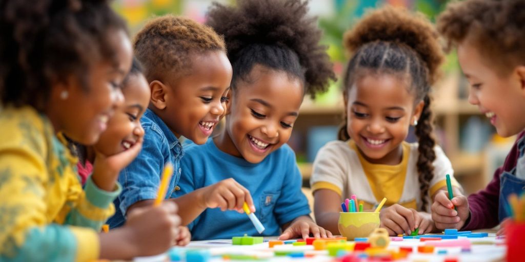 Diverse children collaborating in a bright classroom environment.