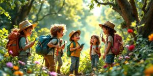 Children exploring nature in a vibrant forest setting.