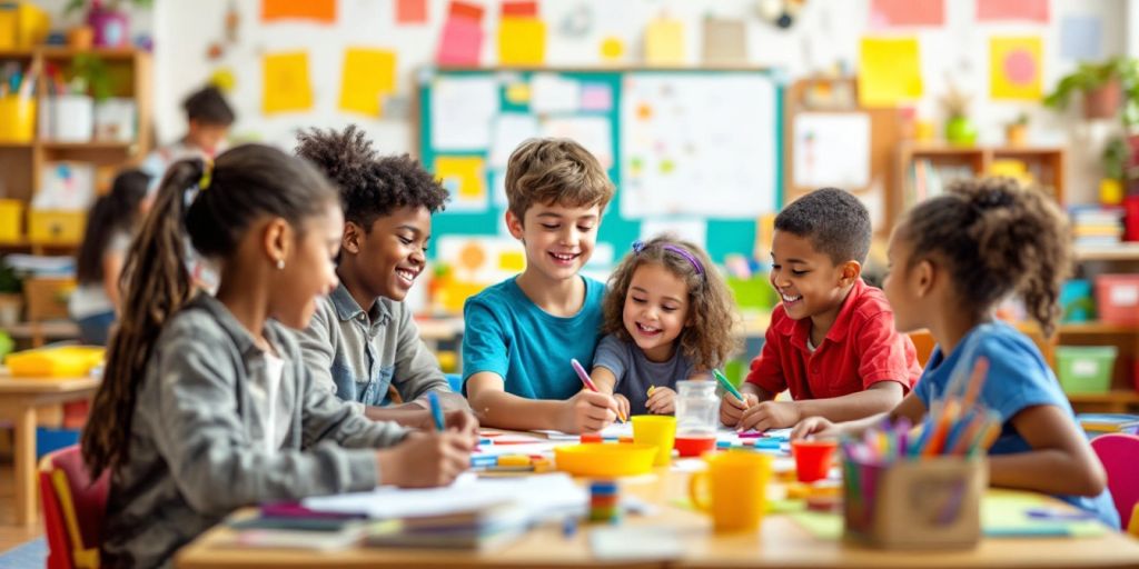 Young learners collaborating in a bright classroom setting.