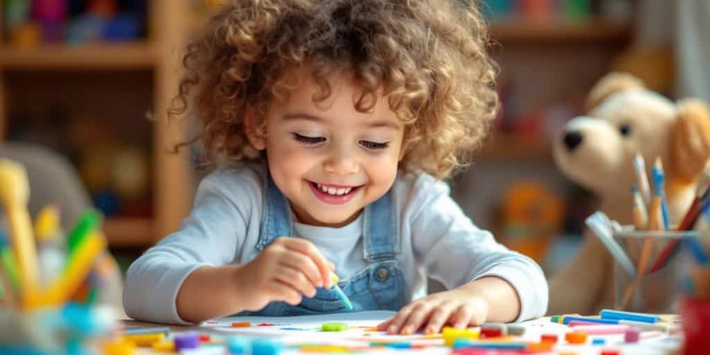 Child happily creating art with colorful supplies.